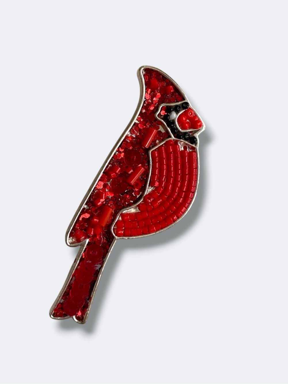 Red Cardinal Brooch Silver Tone Mixed Media Beaded Sequin Bird Pin - Picture 5 of 11